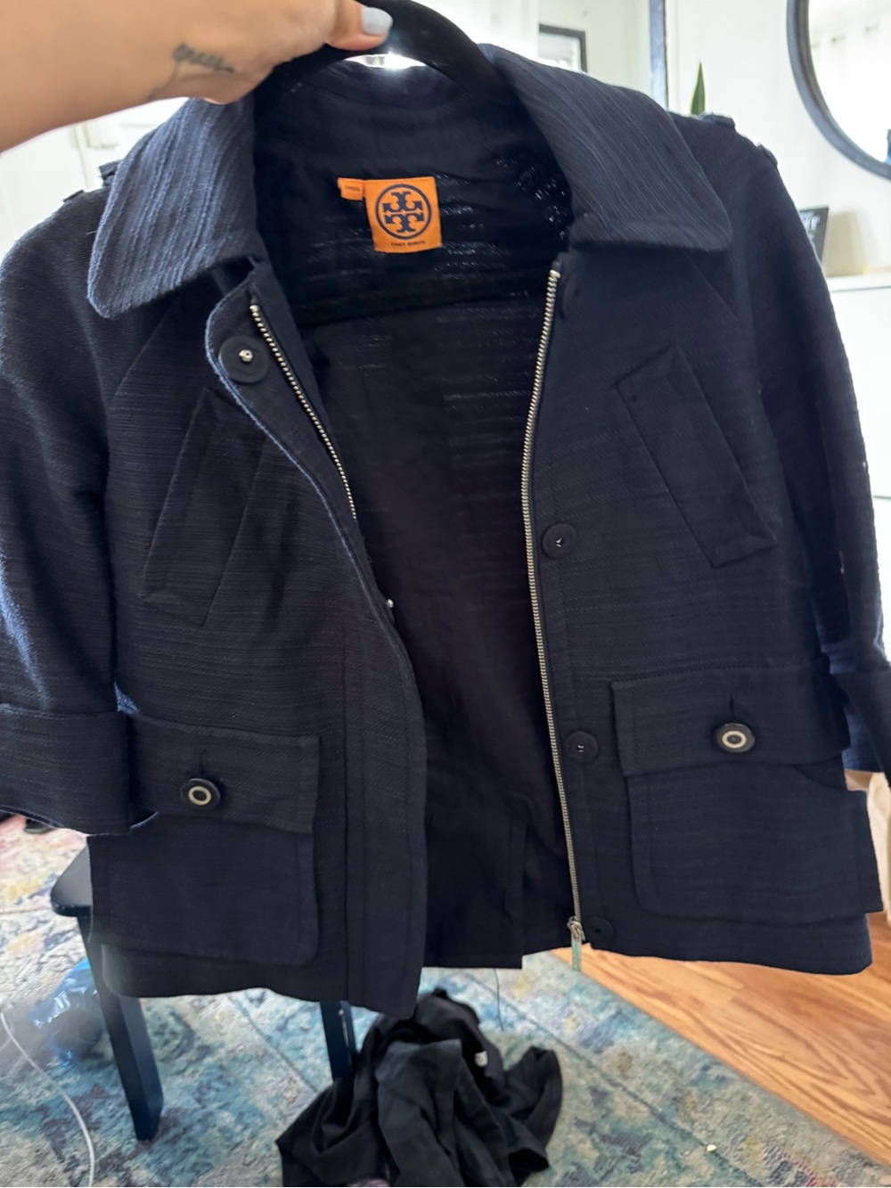 Tory Burch Navy Textured Zip-Front Jacket